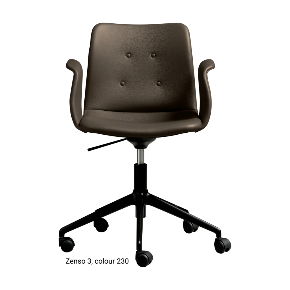 Primum Chair with dark brown leather upholstery, featuring a padded seat and adjustable backrest for maximum comfort during long workdays.