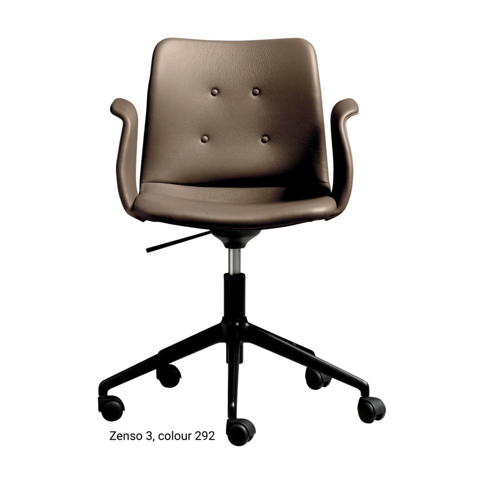Primum Chair with grey brown leather upholstery, featuring a padded seat and adjustable backrest for maximum comfort during long workdays.