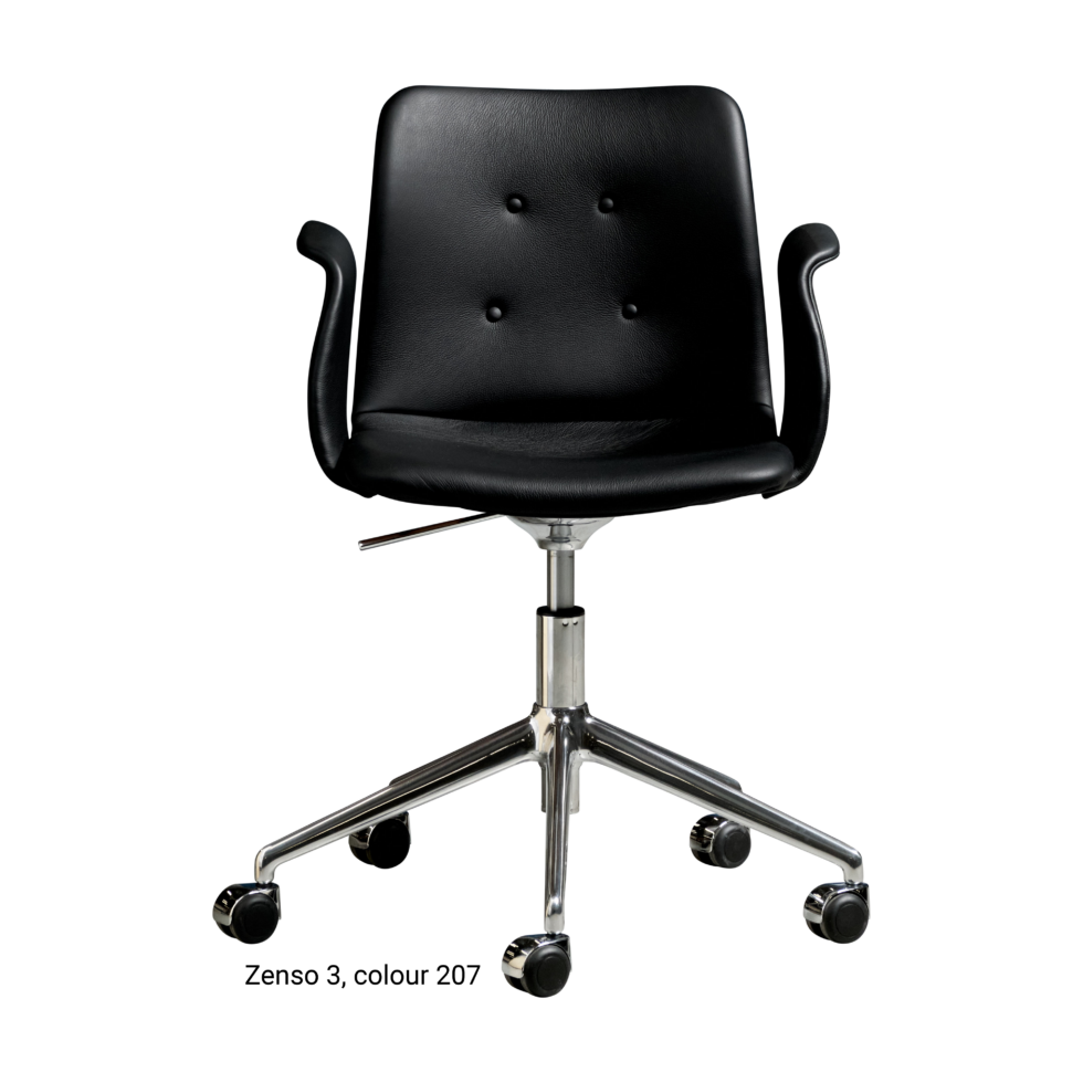 Primum Chair with black leather upholstery, featuring a padded seat and adjustable backrest for maximum comfort during long workdays.