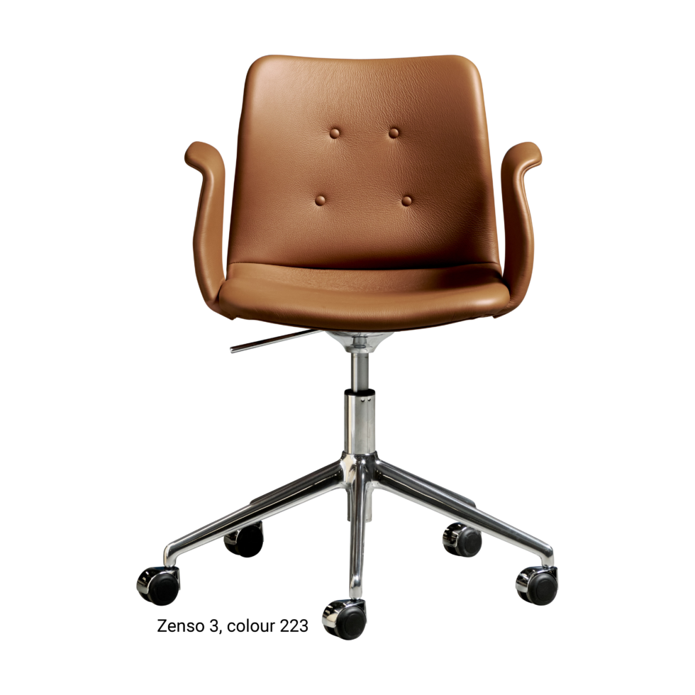 Primum Chair with cognac leather upholstery, featuring a padded seat and adjustable backrest for maximum comfort during long workdays.