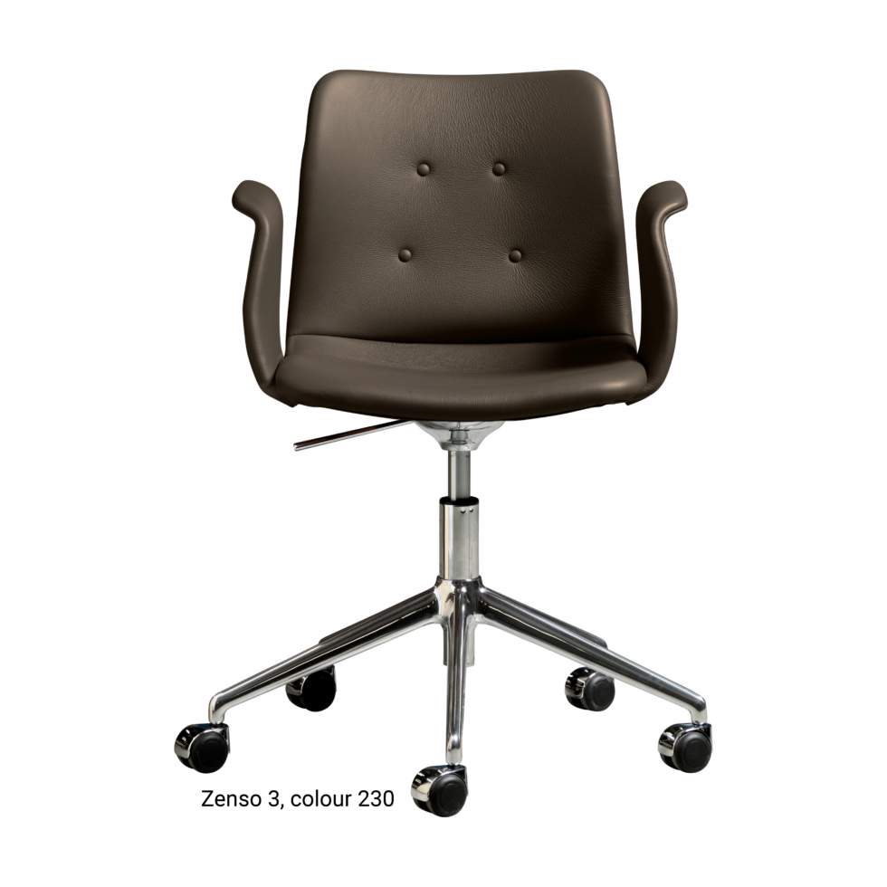 Primum Chair with dark brown leather upholstery, featuring a padded seat and adjustable backrest for maximum comfort during long workdays.
