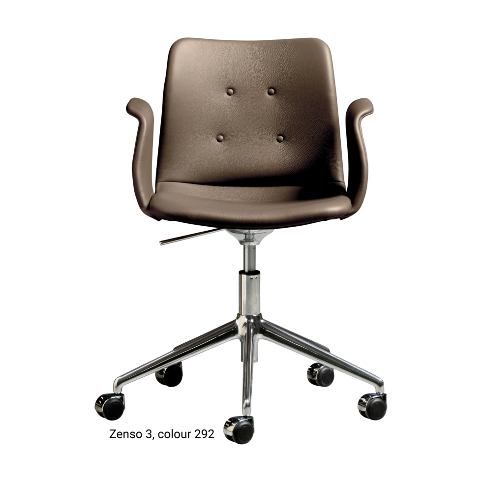 Primum Chair with grey brown leather upholstery, featuring a padded seat and adjustable backrest for maximum comfort during long workdays.
